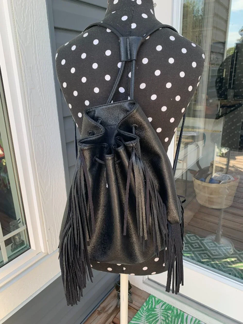 Victoria’s Secret Black Fringe Backpack Faux Leather Drawstring Bucket Bag Purse